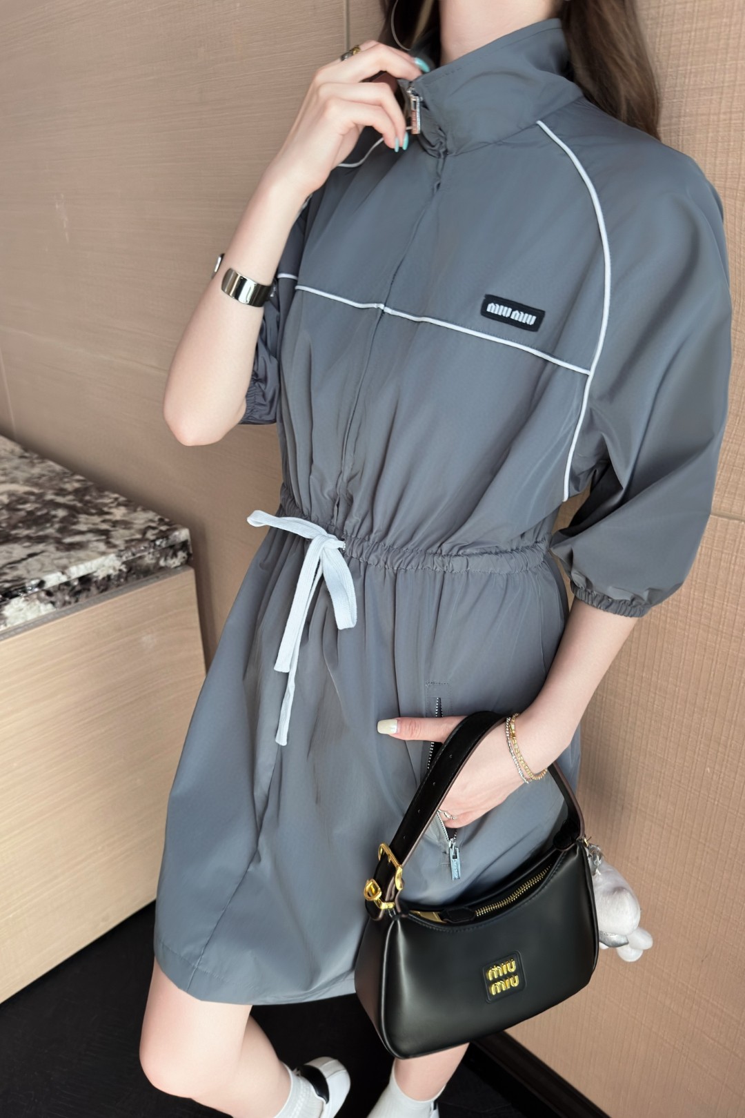 Miu Miu Gray Nylon Drawstring Utility Mini Dress with Zipper Detail 7 a1745437427753 4717