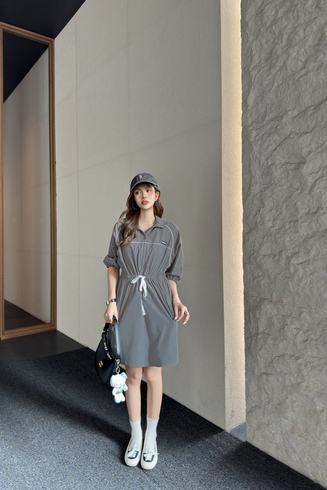 Miu Miu Gray Nylon Drawstring Utility Mini Dress with Zipper Detail 6 a1745437427758 6101