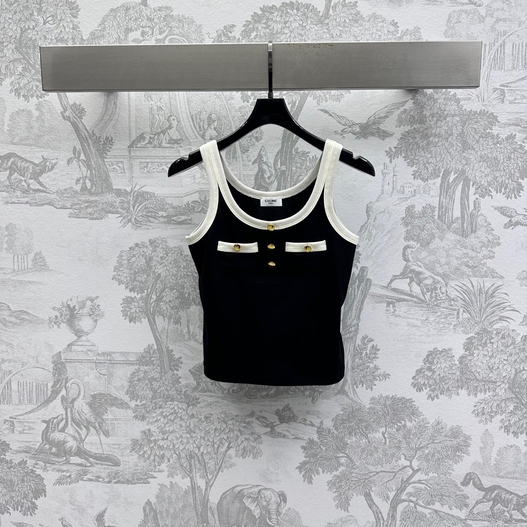NO:411282,Celin*2025 new product launches the contrasting color suspender vest custom YB imported native cotton material breathable and comfortable, full texture, black base, combined with white collar contrasting color design, add layered look, symmetrical pockets and button decoration, highlight the brand tone echo the iconic logo embellishment on the chest, highlight the brand tone, face auxiliary materials development, slim-fit regular vest tailoring, let simple styles show sexy personality, single-wear layered loose tone, light luxury and fashionable temperament, the first choice for fashion outfits in all seasons, high-end, celine, alexander wang19860909Celin*2025新品上架撞色吊带背心定制YB进口原生全棉材质 透气舒适 质感十足 通体黑色打底 配合白色领边撞色设计 增添造型层次感 对称口袋配合纽扣装饰 彰显品牌调性呼应胸前标志性徽标点缀 彰显品牌调性 面辅料开发 修身常规背心剪裁 让简单款式穿出性感个性 单穿叠穿松弛调性 轻奢时髦气质 四季时尚穿搭首选  高版本,,celine,alexander wang,Women's clothing