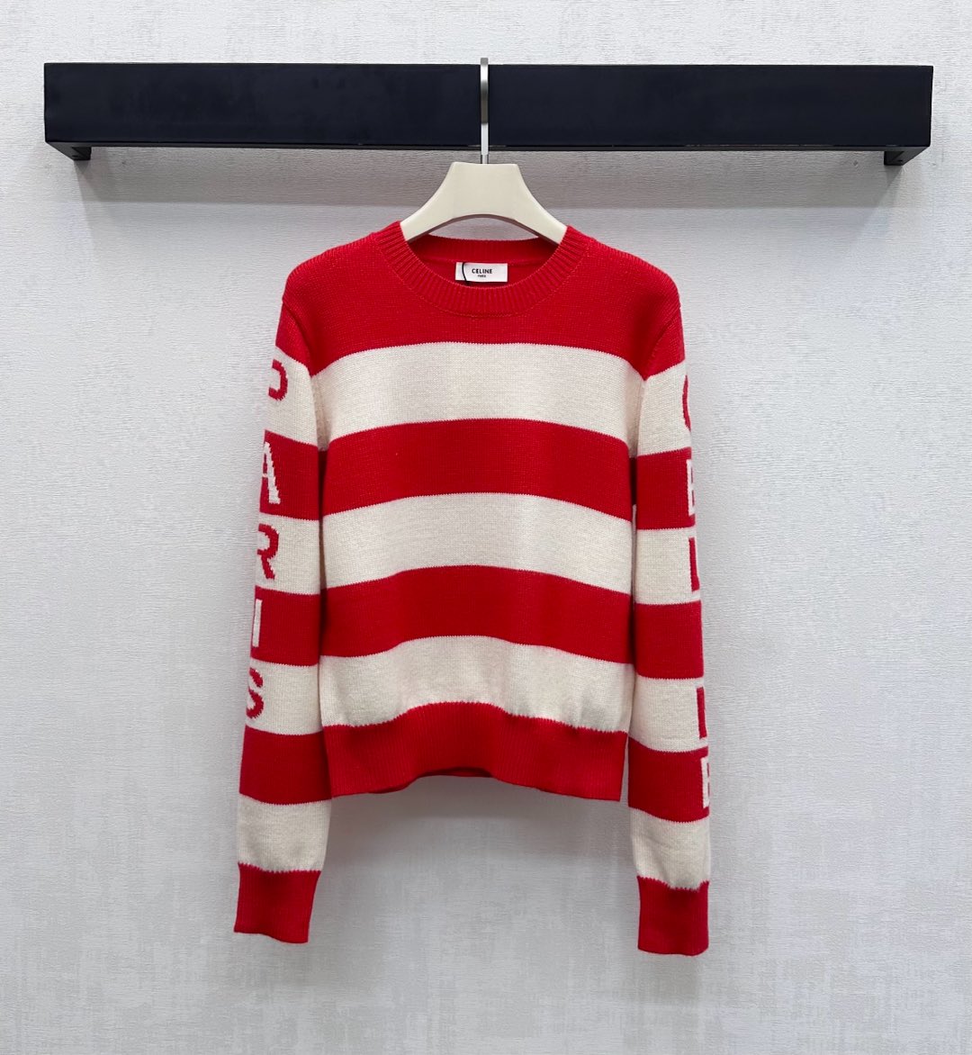NO:657800,Celin*2025 new products are on the shelves. Striped letter knitted sweater. Customized YB imported wool knitted material. Soft, comfortable and full of texture. The overall design is striped and contrasting. The cuffs, collar and hem are all processed with threaded hemming details to add layering to the look. Iconic letter logo elements are released on the outside of the sleeves to highlight the brand tone. Surface accessories development. Round neck pullover knitted sweater cut. It is stylish when worn alone.  High version 2 colors,,celine,sweaters,alexander wang19860909Celin*2025新品上架 条纹字母针织毛衣 定制YB进口羊毛针织材质 柔软舒适 质感十足 整体采用条纹撞色设计 配合袖口领边与衣摆都沿用螺纹包边细节处理 增添造型层次感 袖外侧发布标志性字母徽标元素 彰显品牌调性 面辅料开发 圆领套头针织毛衣裁剪 单穿内搭都出彩时髦  高版本2色,,celine,sweaters,alexander wang,Women's clothing