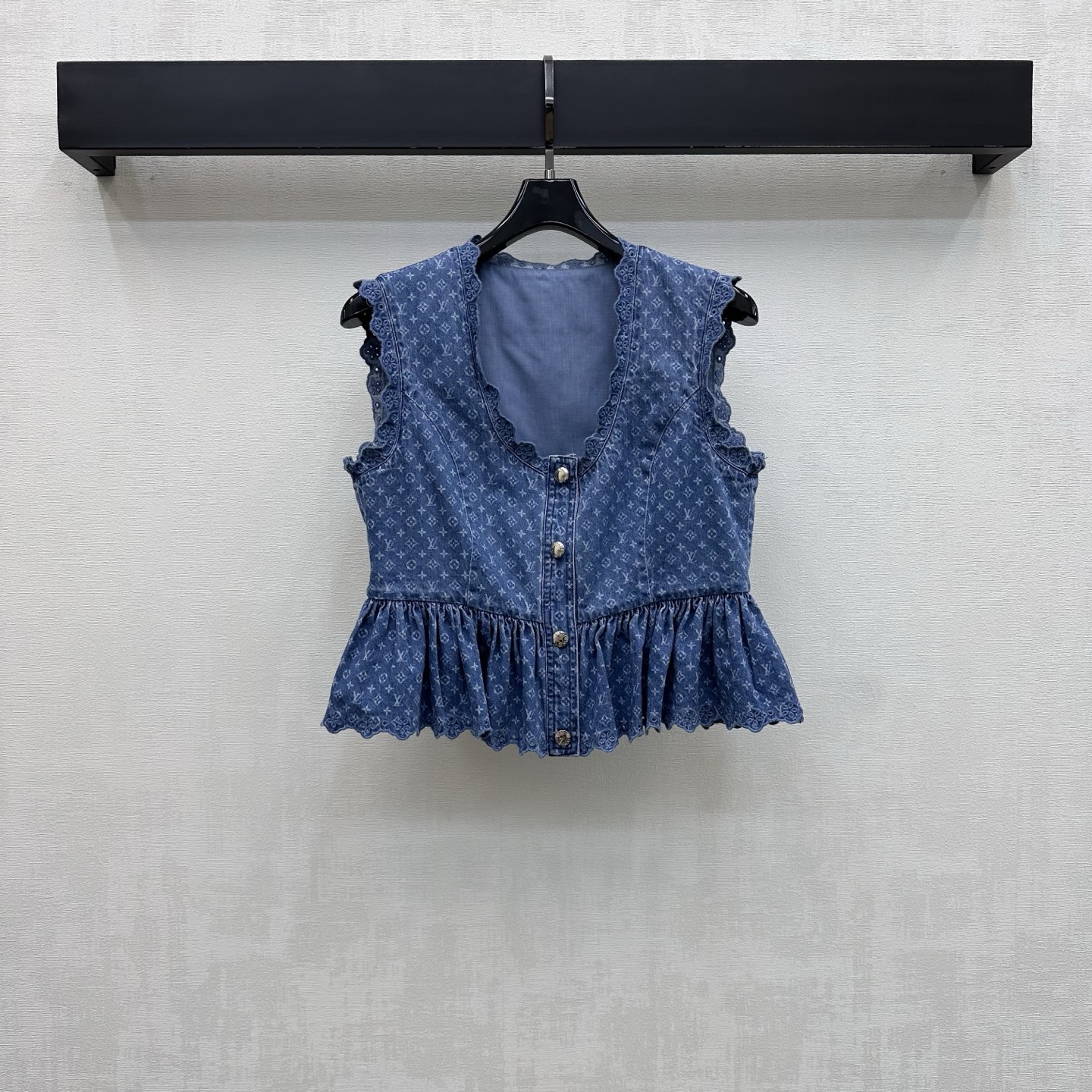 louis vuitton ruffle hem denim top