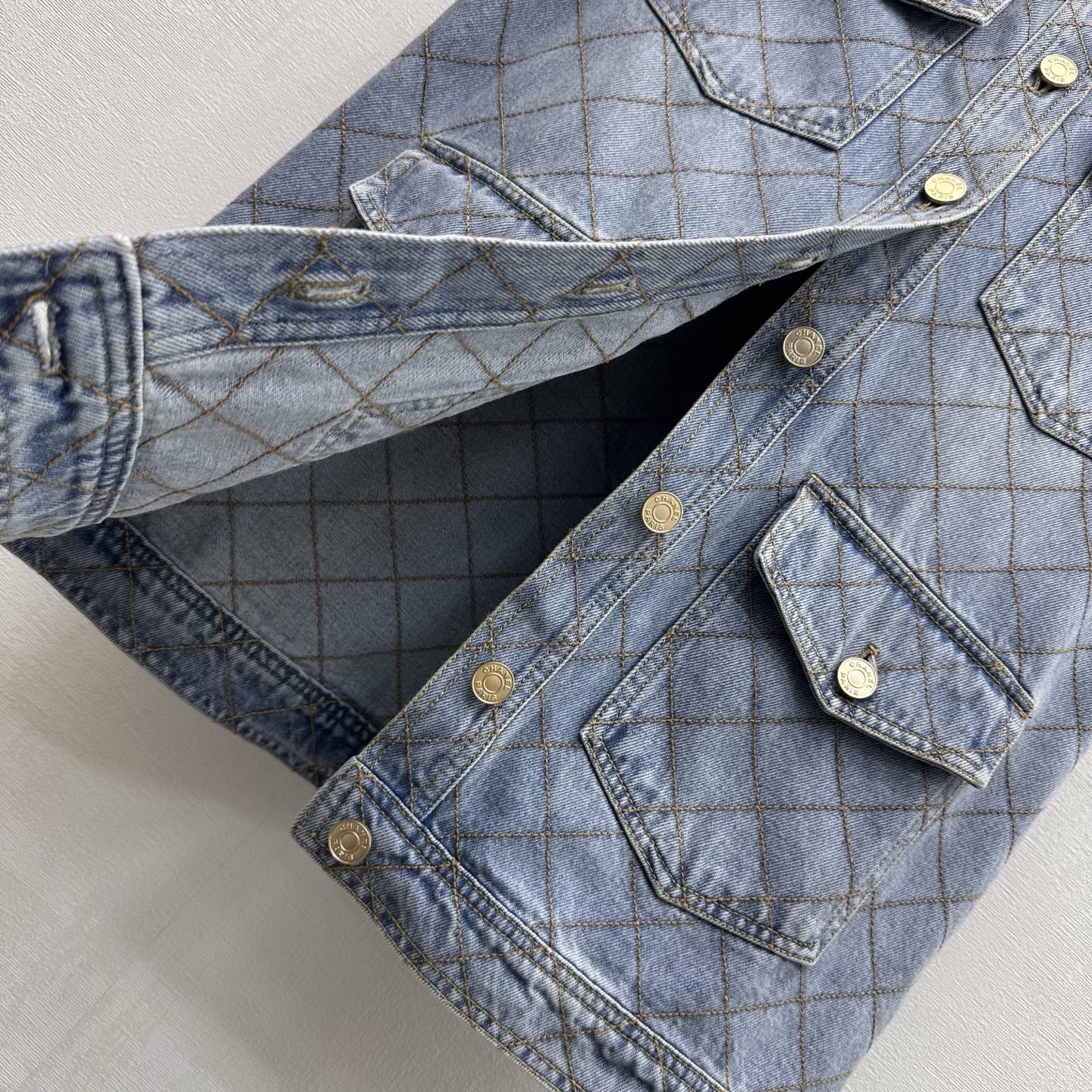 Chanel Diamond Stitch Chain Trim Long Denim Vest