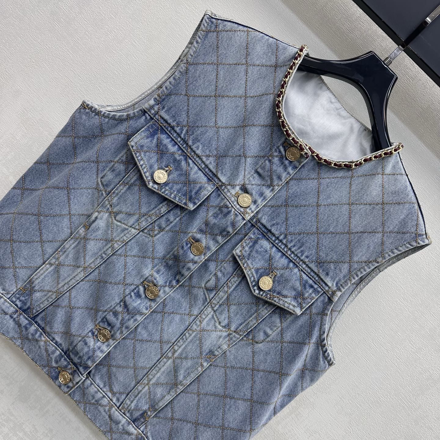 Chanel Diamond Stitch Chain Trim Denim Vest