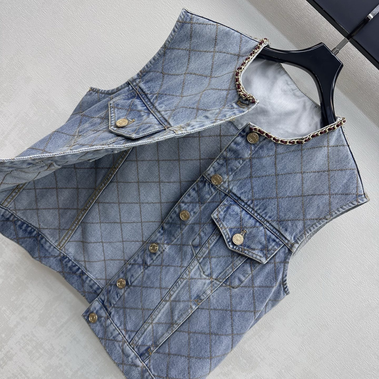 Chanel Diamond Stitch Chain Trim Denim Vest