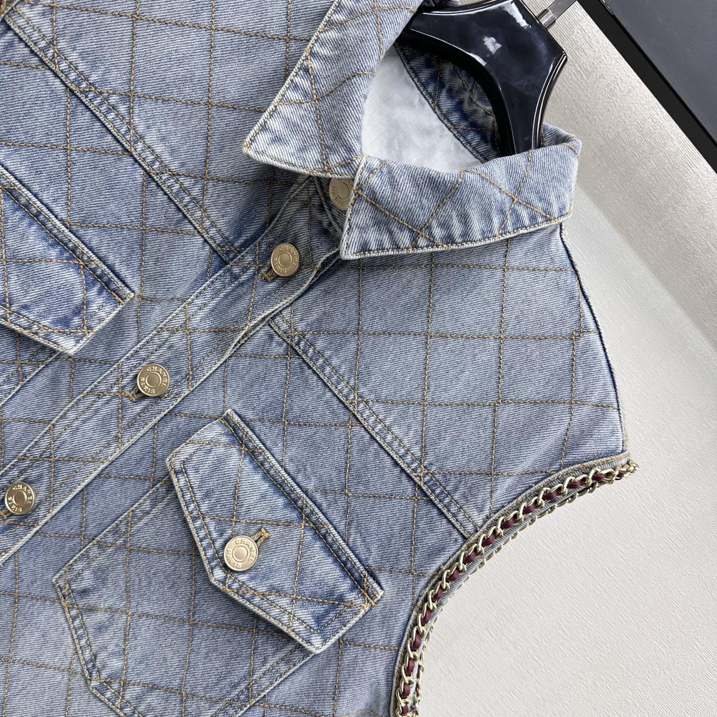 Chanel Diamond Stitch Chain Trim Long Denim Vest