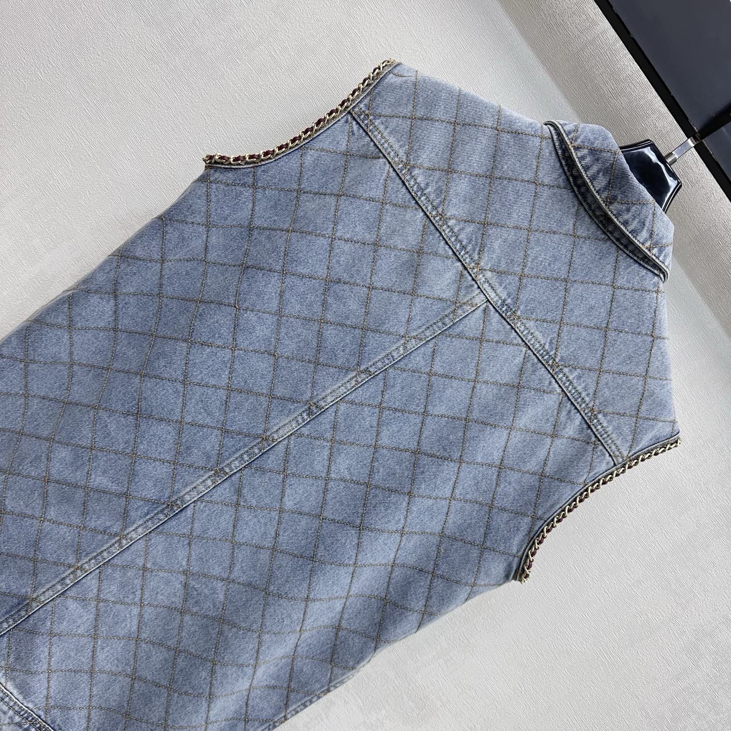 Chanel Diamond Stitch Chain Trim Long Denim Vest