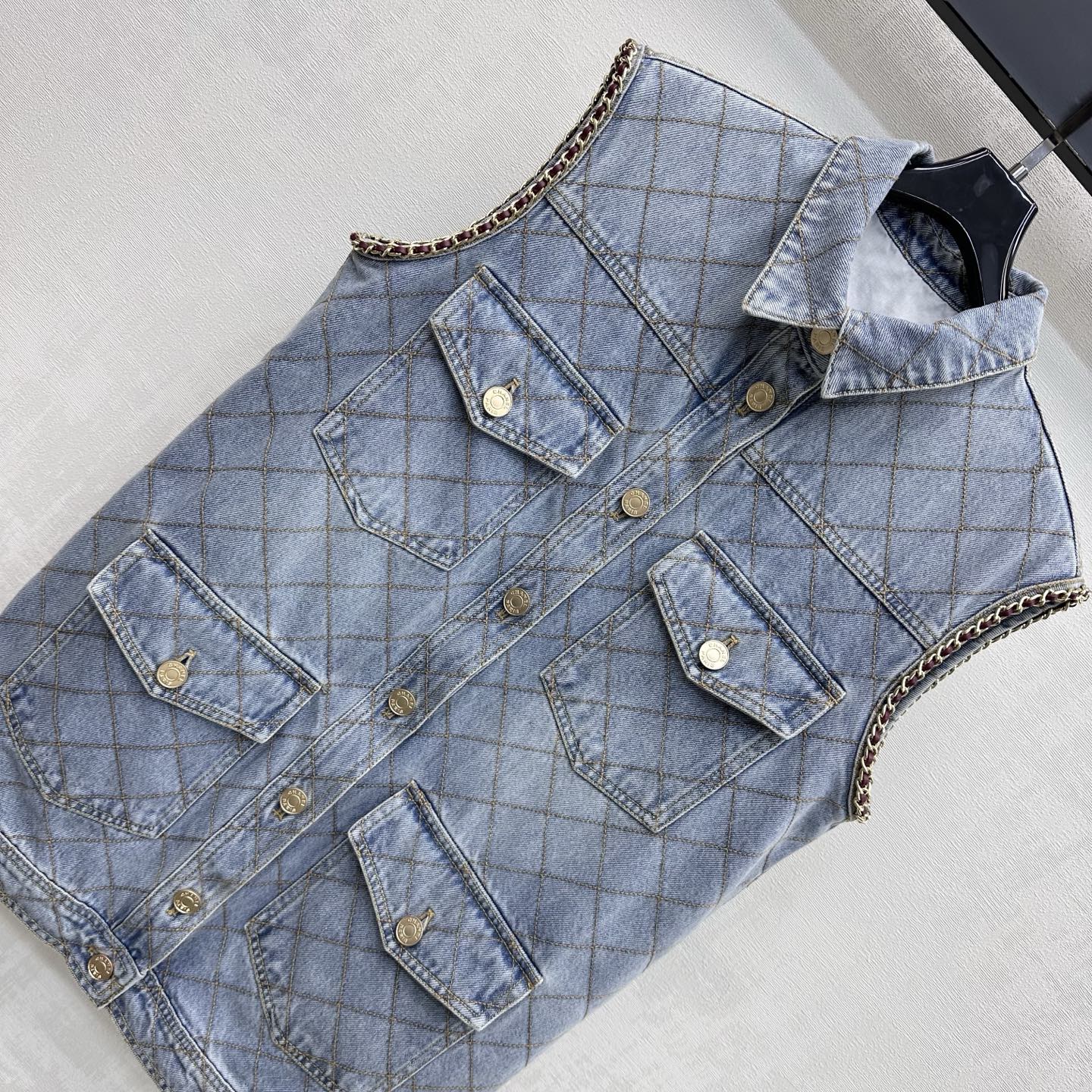 Chanel Diamond Stitch Chain Trim Long Denim Vest