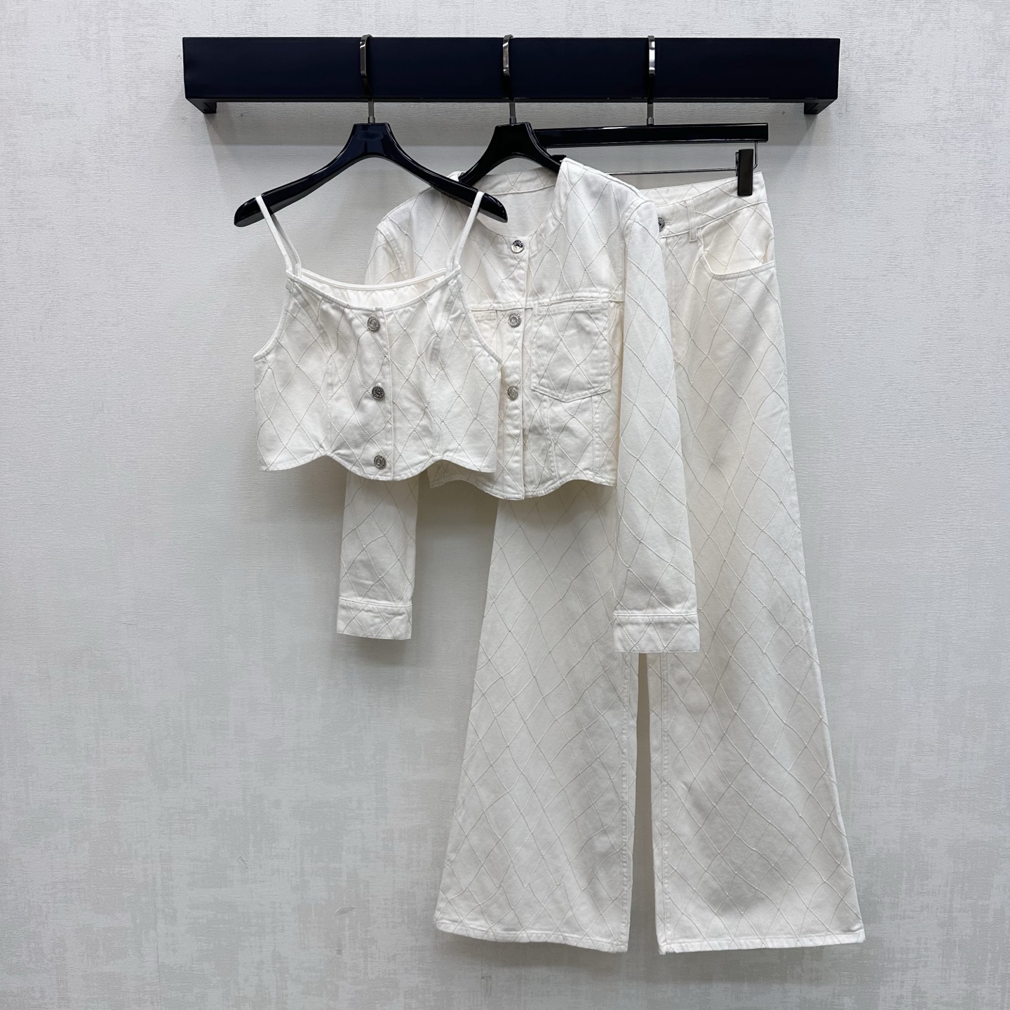 Chanel White Diamond Stitch Wide Leg Jeans