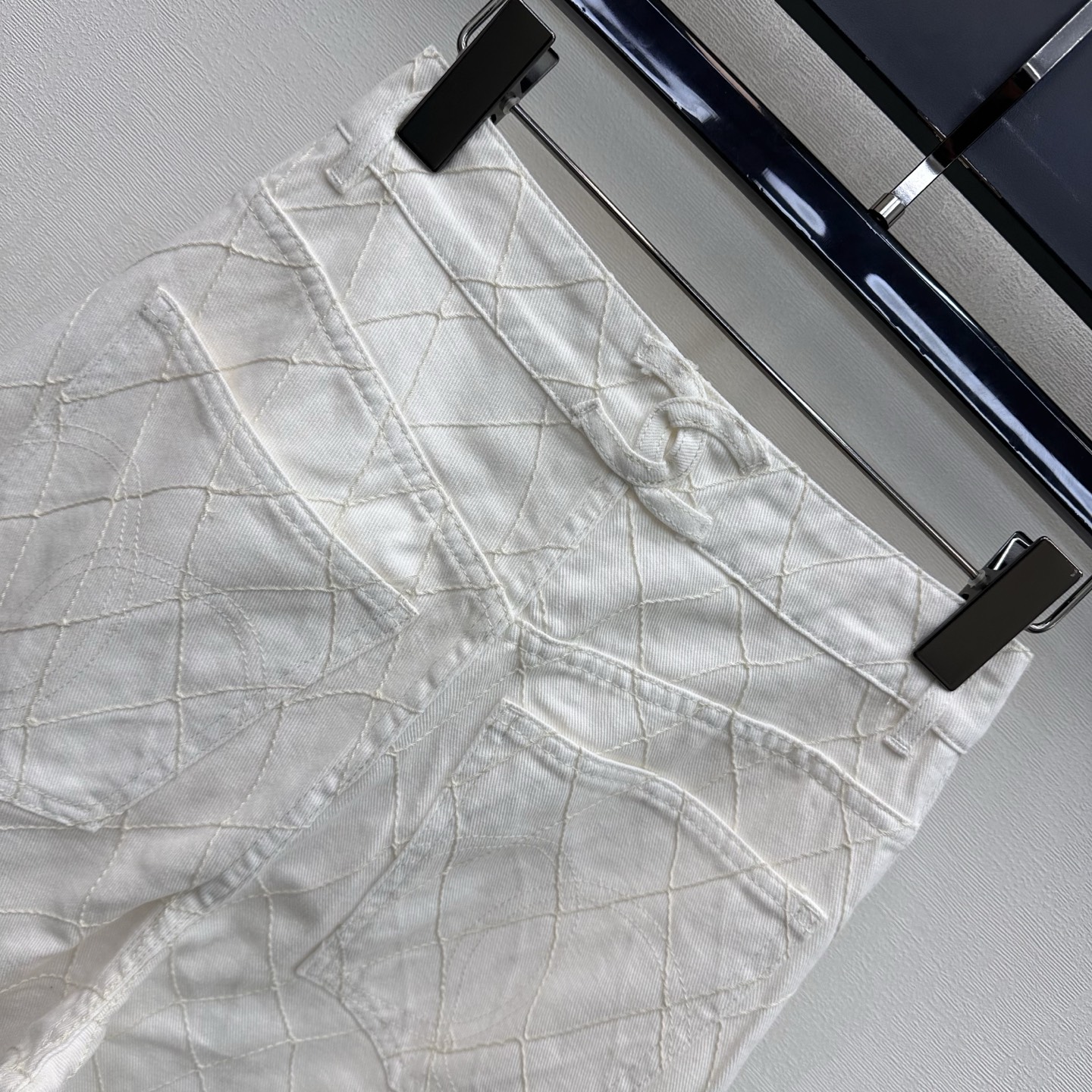 Chanel White Diamond Stitch Wide Leg Jeans