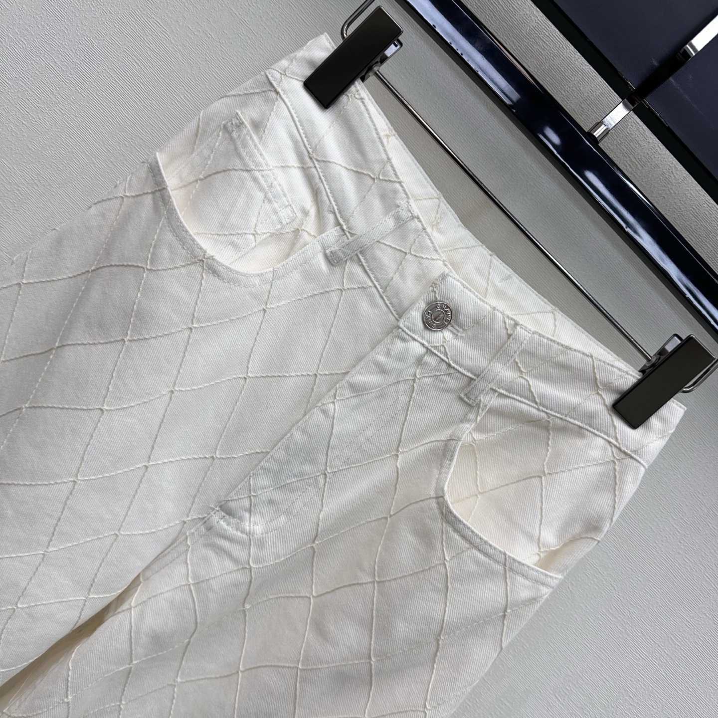 Chanel White Diamond Stitch Wide Leg Jeans