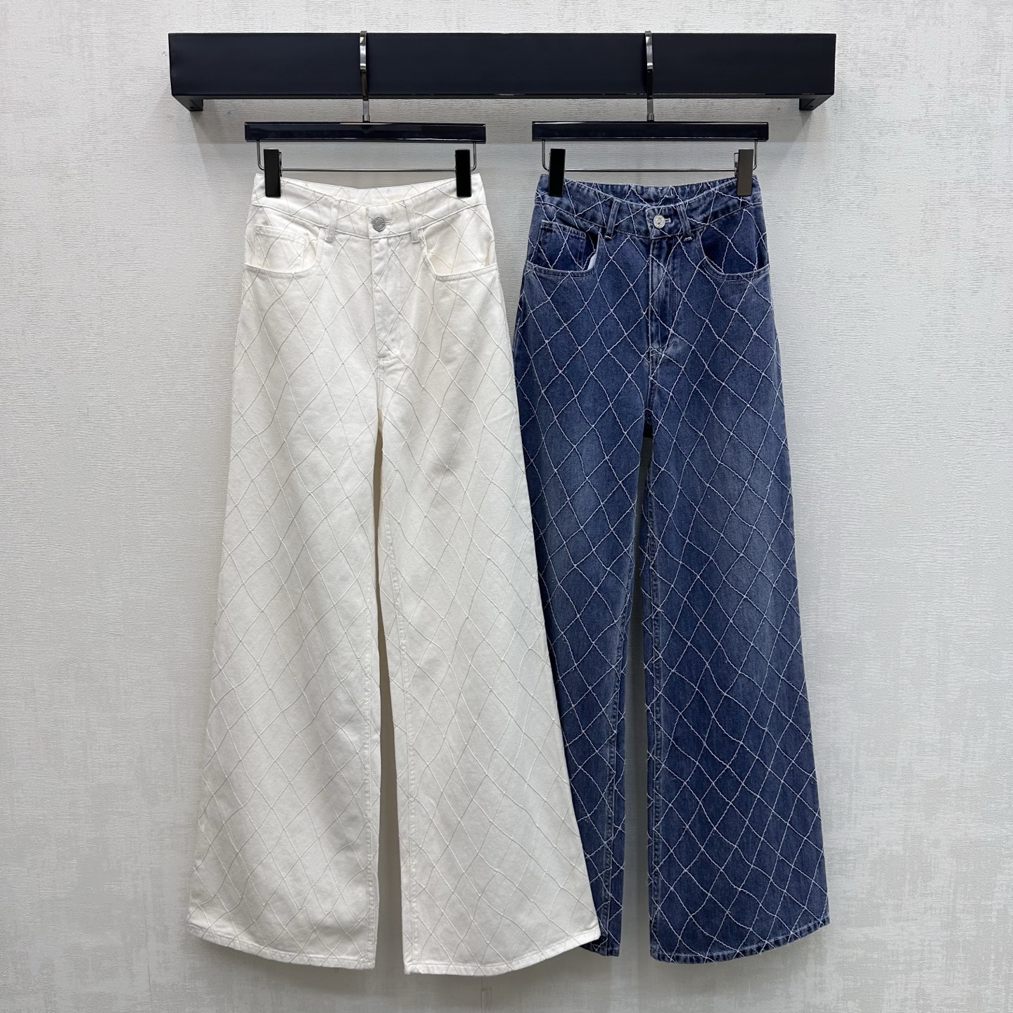Chanel White Diamond Stitch Wide Leg Jeans