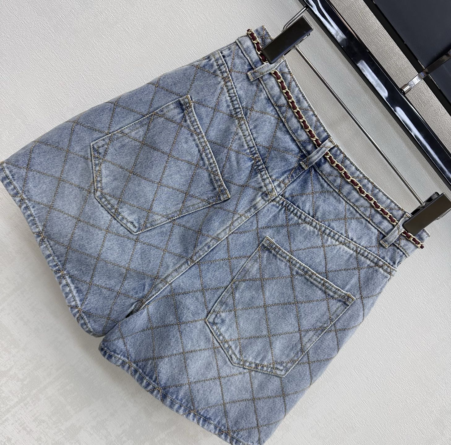 Chanel Diamond Stitch Chain Belt Denim Shorts