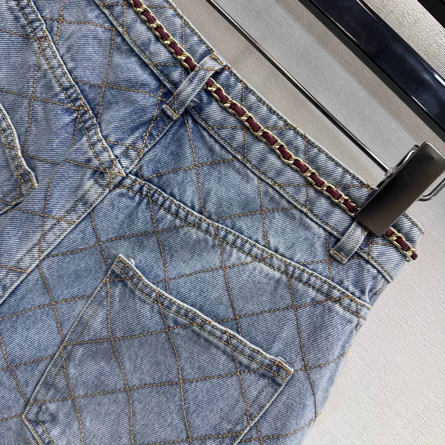 Chanel Diamond Stitch Chain Belt Denim Shorts