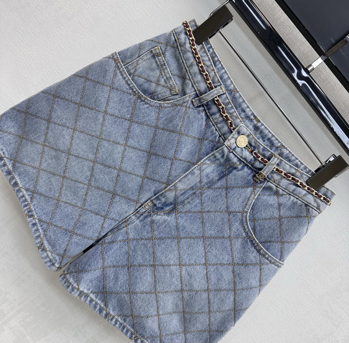 Chanel Diamond Stitch Chain Belt Denim Shorts