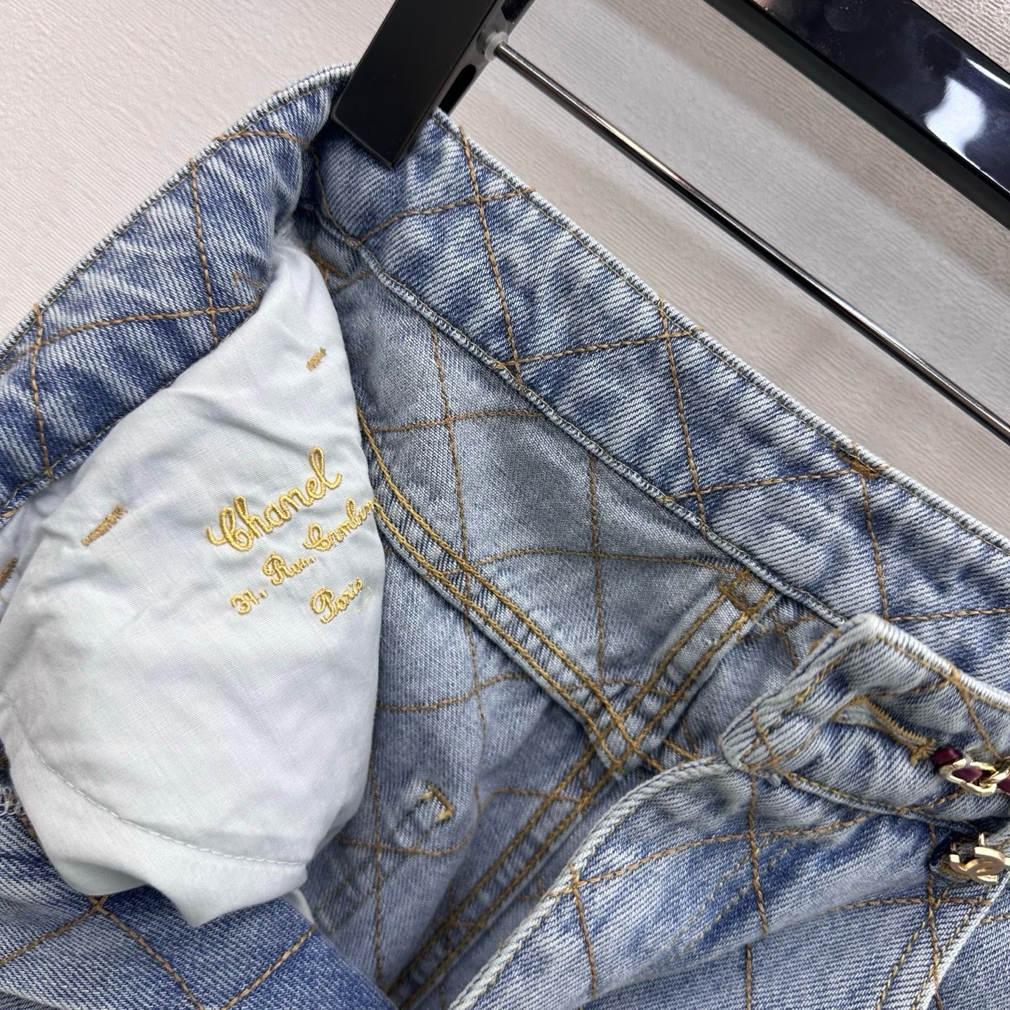 Chanel Diamond Stitch Chain Belt Denim Shorts
