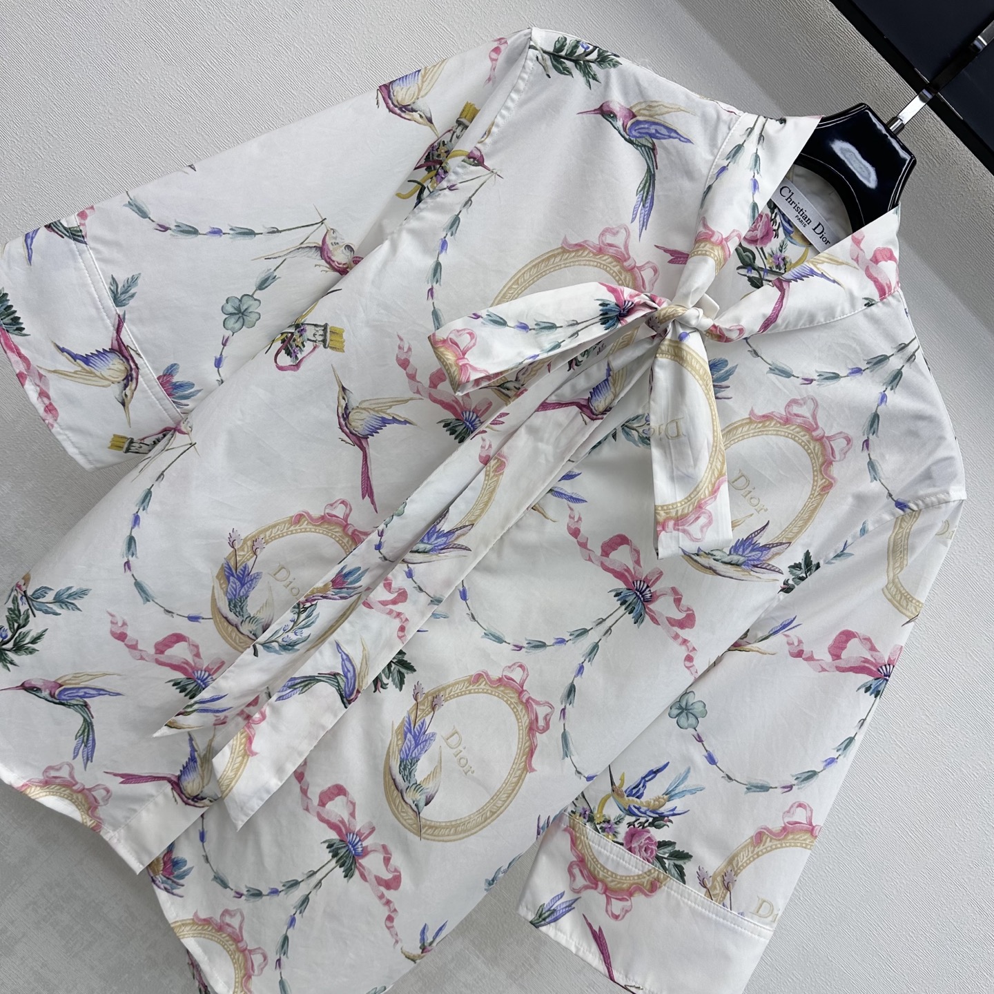Dior Hummingbird Print Tie Neck Blouse