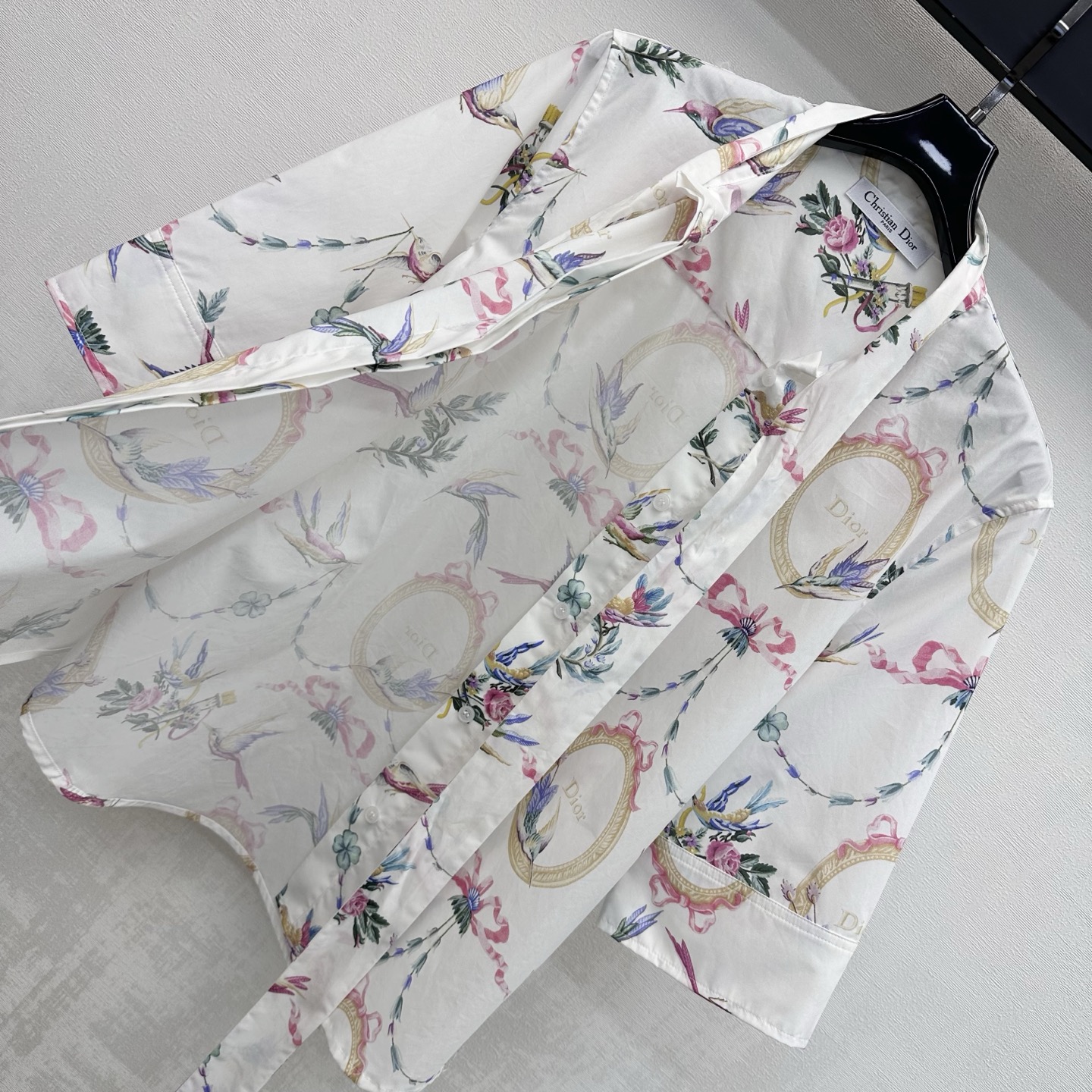 Dior Hummingbird Print Tie Neck Blouse