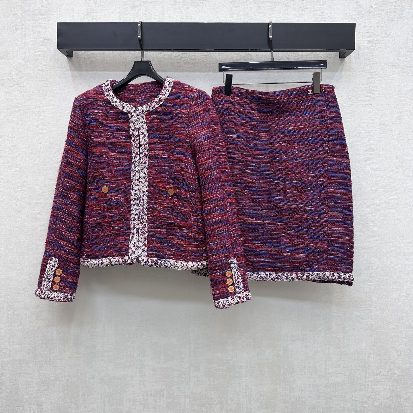 chanel red blue braided tweed jacket