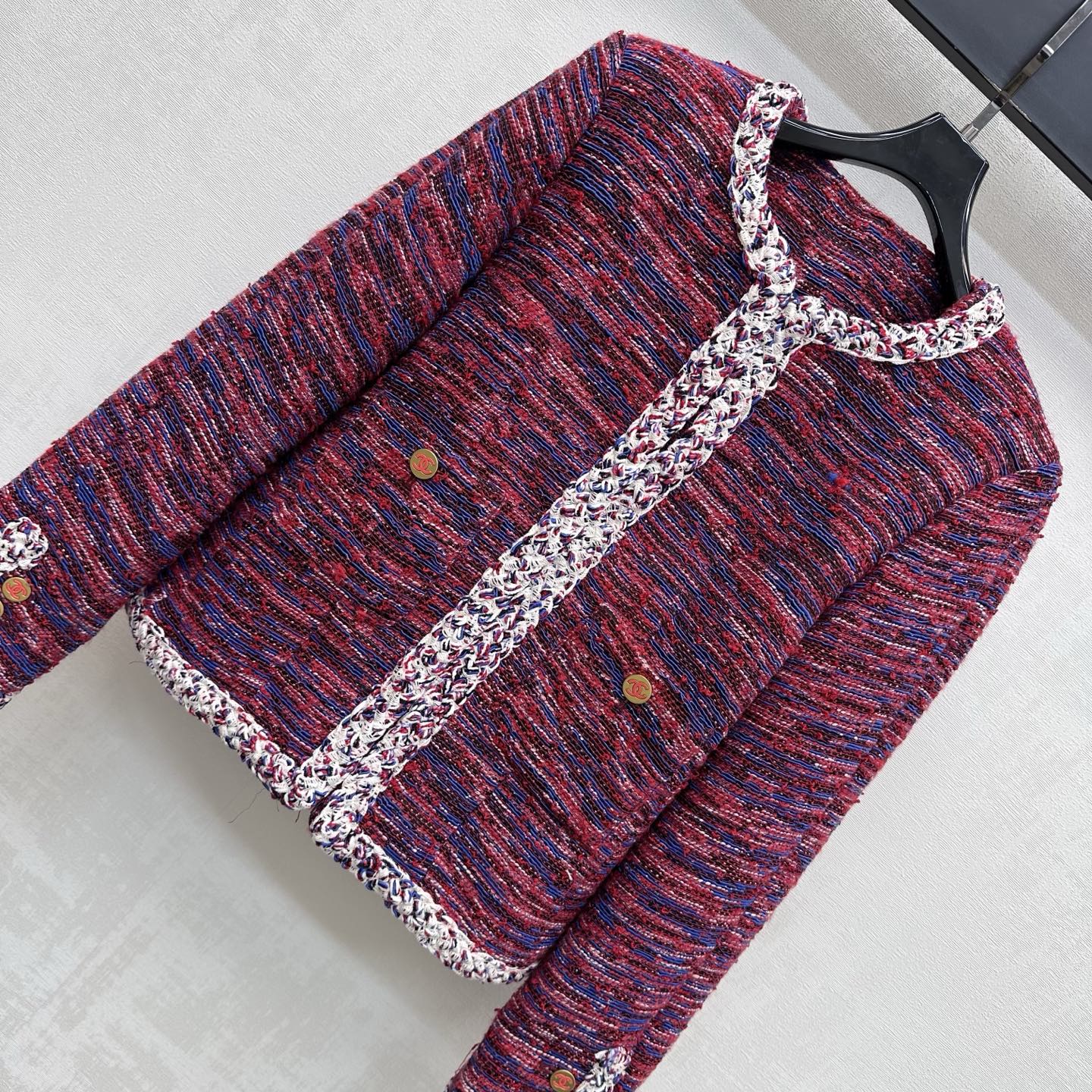 chanel red blue braided tweed jacket