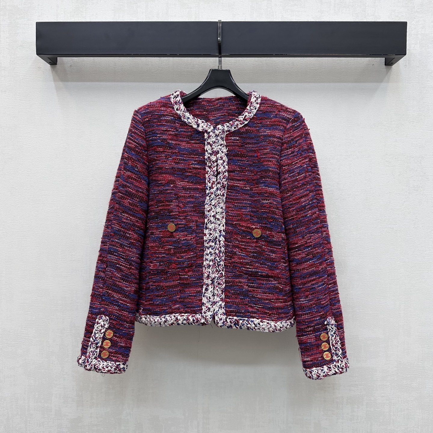 chanel red blue braided tweed jacket