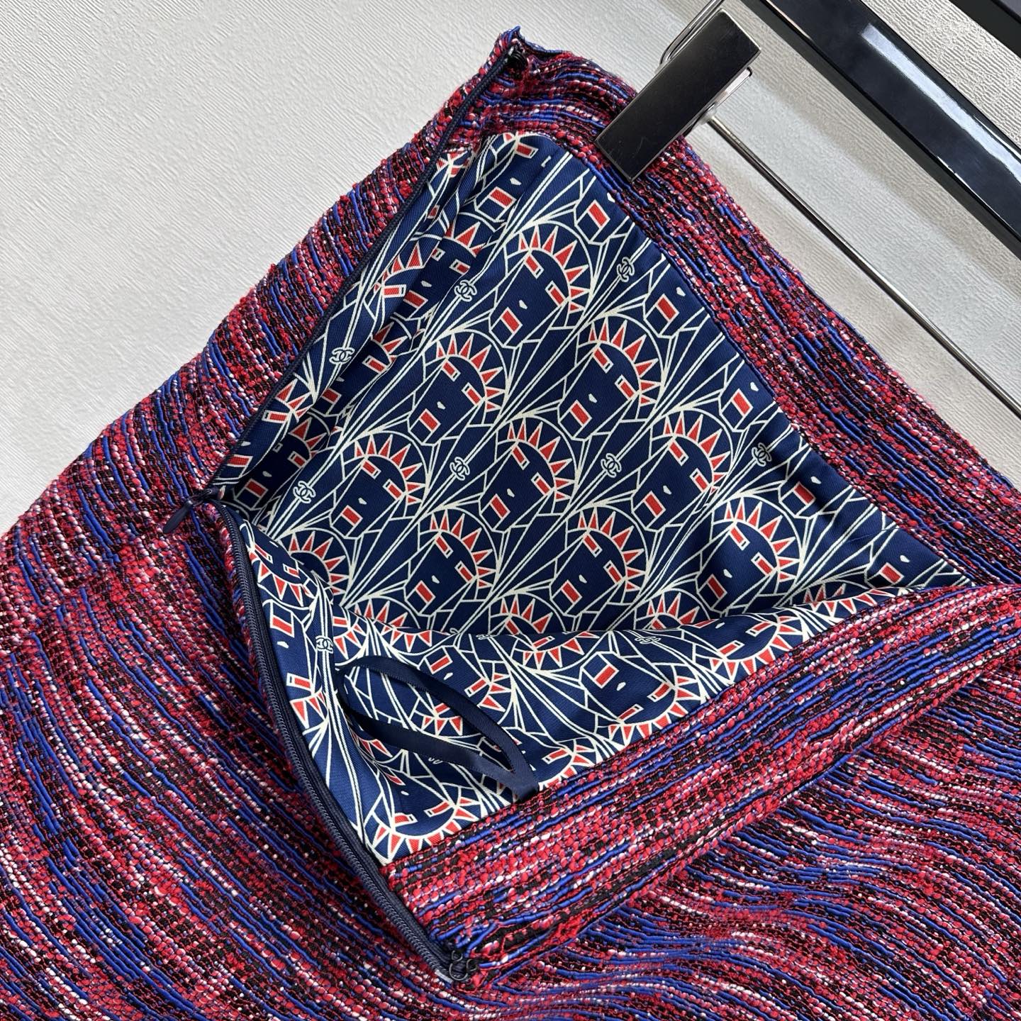 chanel red blue tweed pencil midi skirt