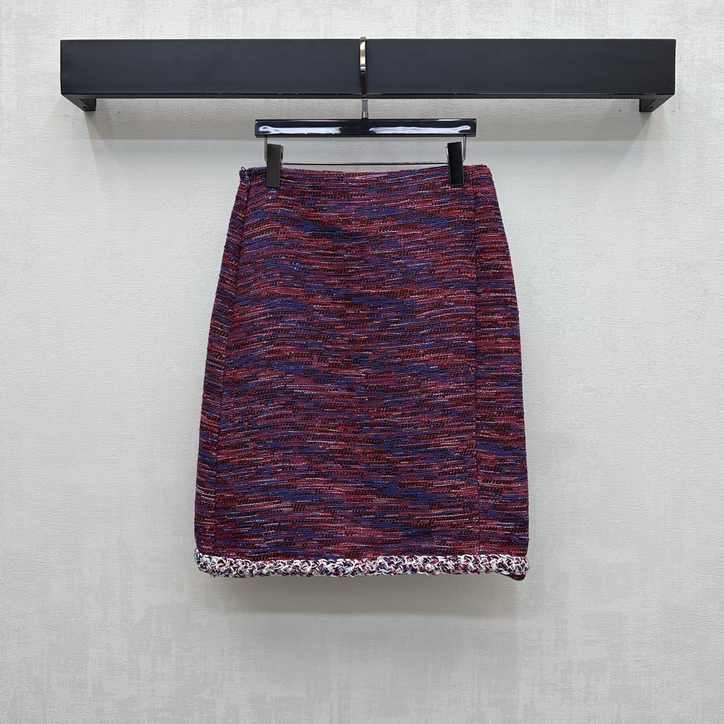 chanel red blue tweed pencil midi skirt