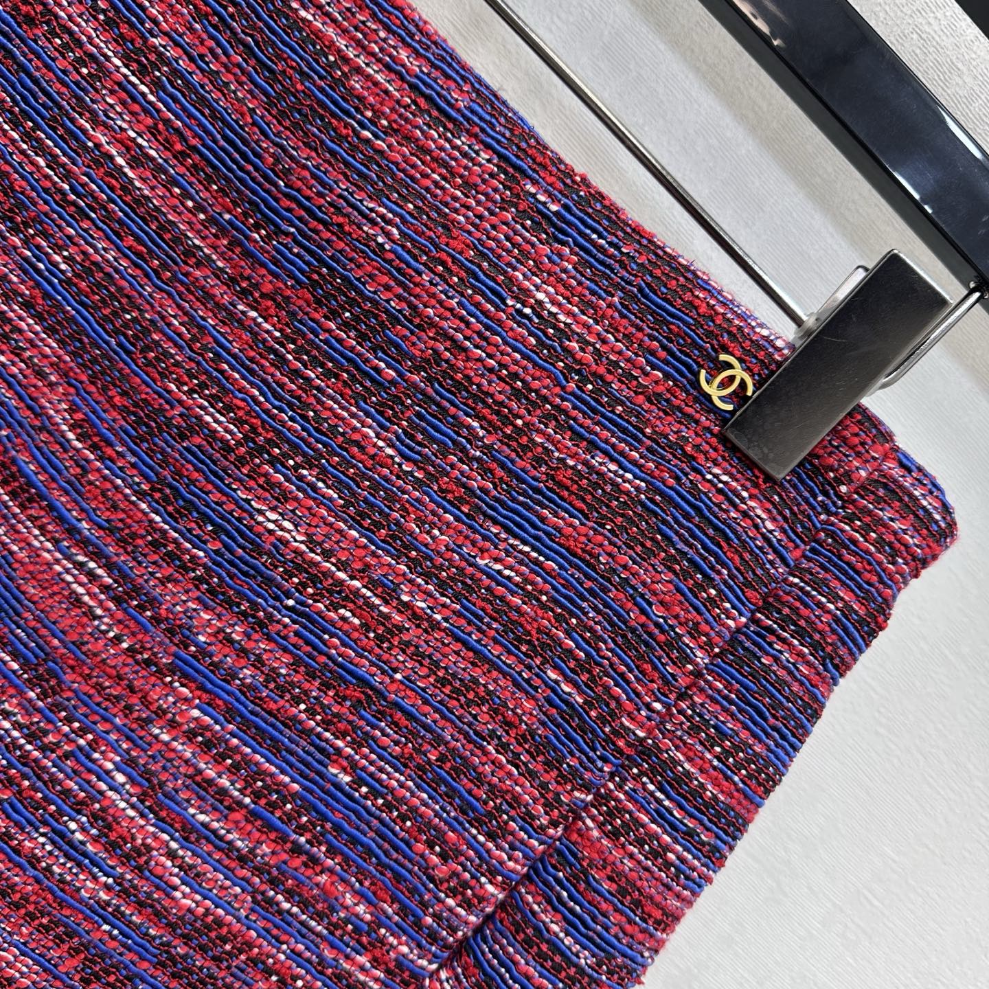chanel red blue tweed pencil midi skirt