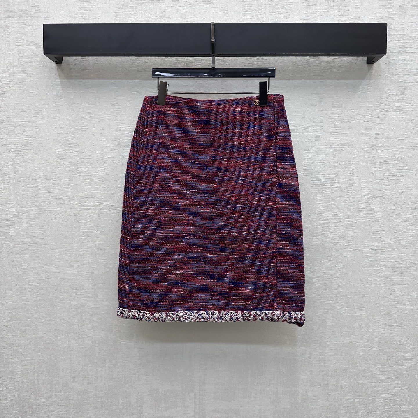 chanel red blue tweed pencil midi skirt