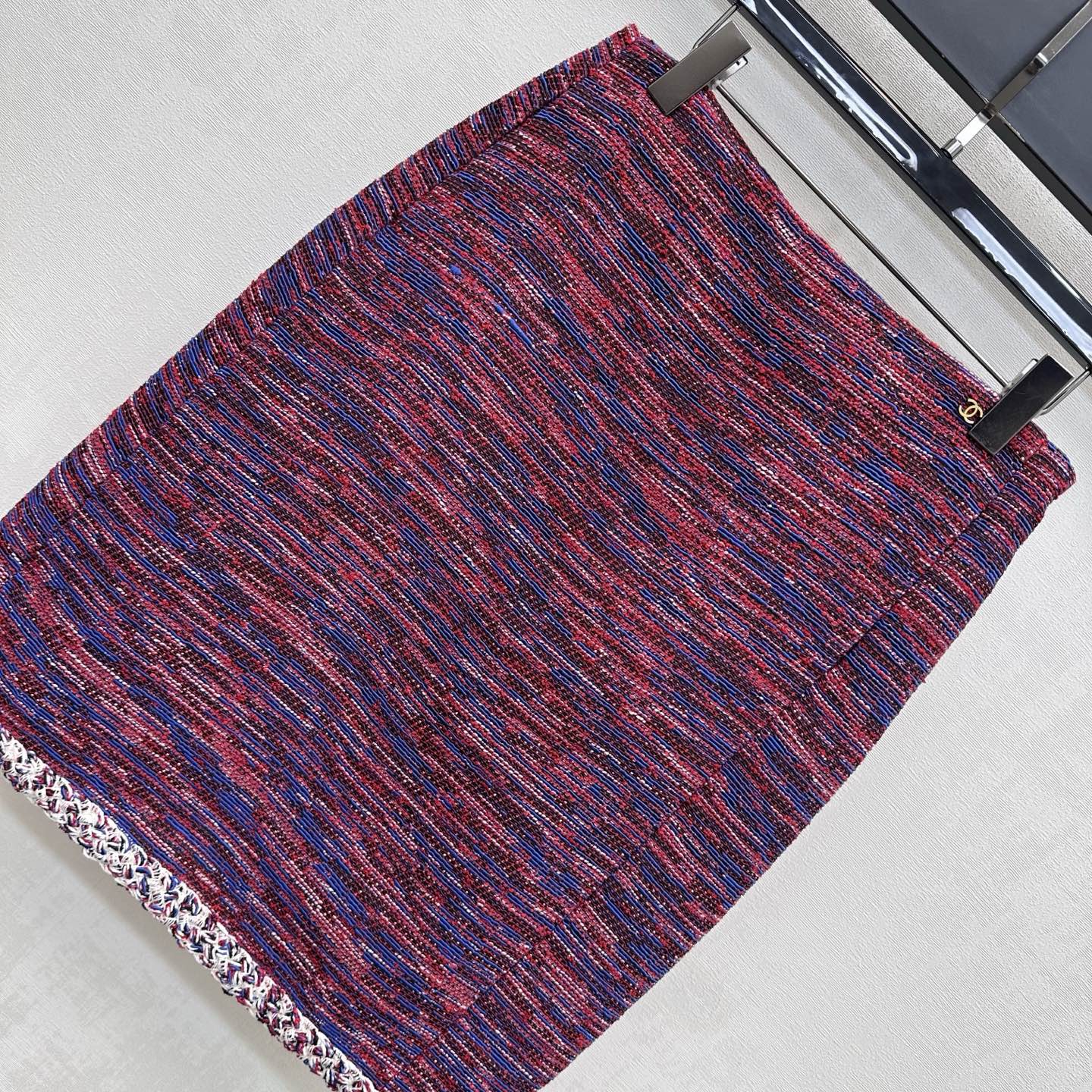 chanel red blue tweed pencil midi skirt