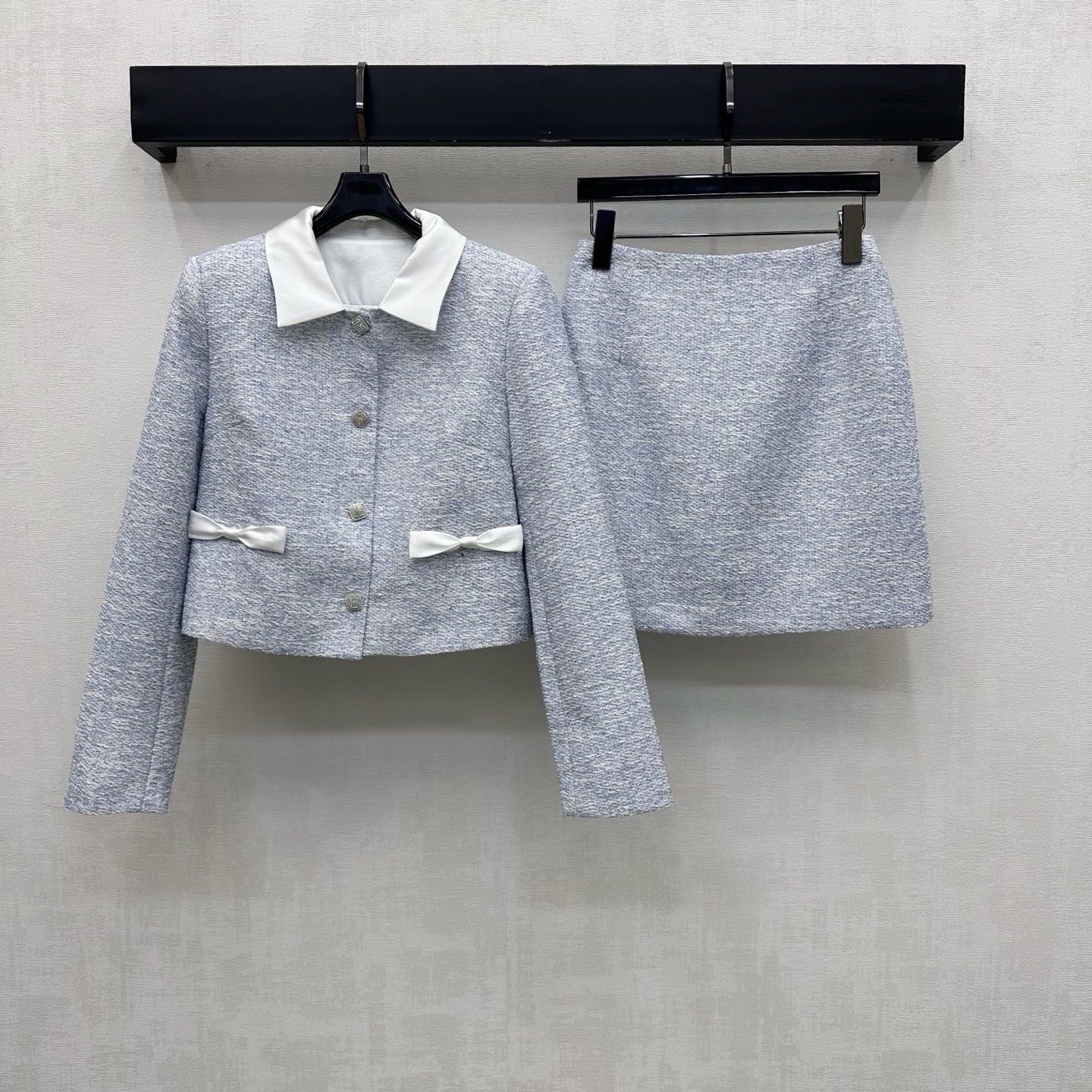 Light Blue Bow Pocket Jacket and Skirt Set