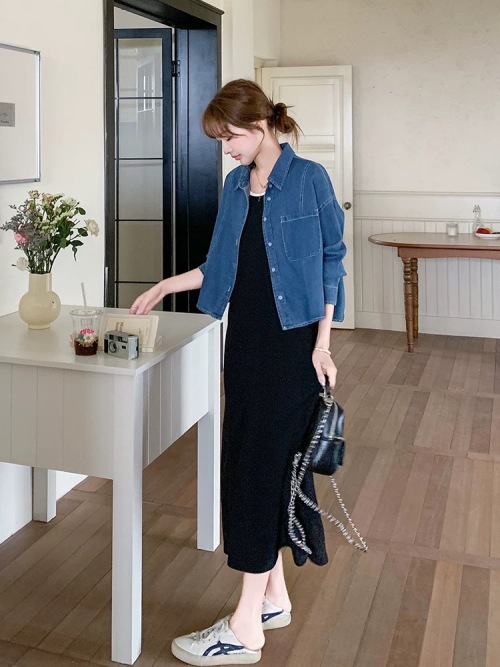 Korean Retro Denim Jacket & Sleeveless Dress Set - Chic and Elegant Outfit 1 Korean Retro Denim Jacket & Sleeveless Dress Set - Chic and Elegant Outfit