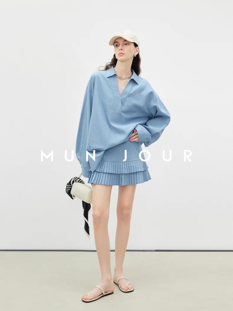 MUN JOUR Women's Relaxed Fit V-Neck Pleated Skirt Linen Two-Piece Set 8 i1753331815257 7992 0 7