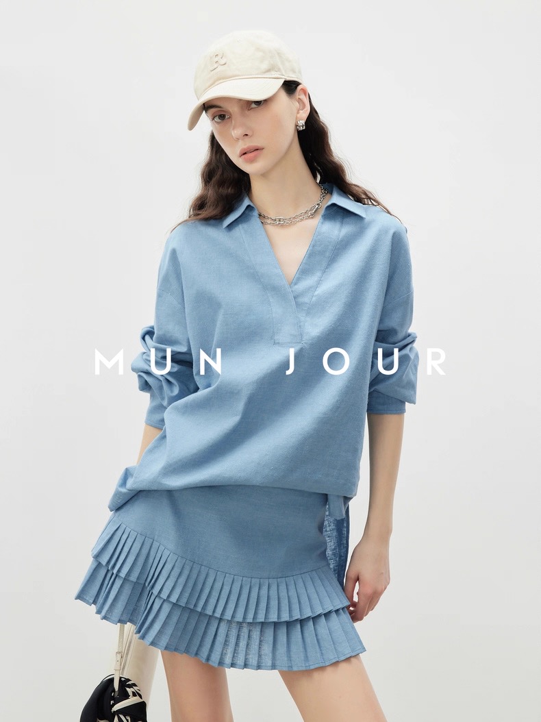 MUN JOUR Women's Relaxed Fit V-Neck Pleated Skirt Linen Two-Piece Set 5 i1753331815870 4718 0 4