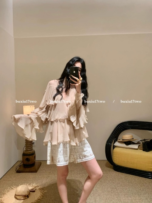 Elegant Ruffle Tie-Up Blouse, Bohemian Style, Flowy Sleeves, French Chic 1 Elegant Ruffle Tie-Up Blouse, Bohemian Style, Flowy Sleeves, French Chic