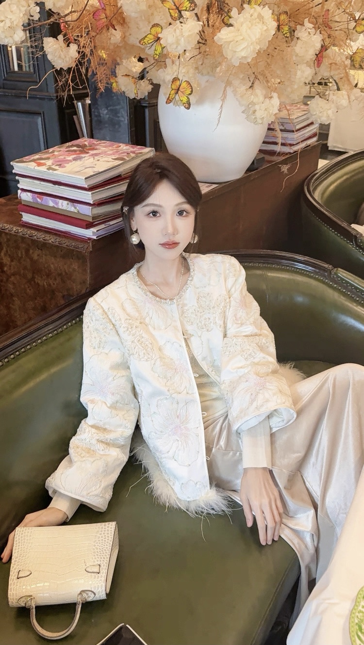 Elegant Chinese Style Down Jacket with Sequins and Ostrich Feather Trim