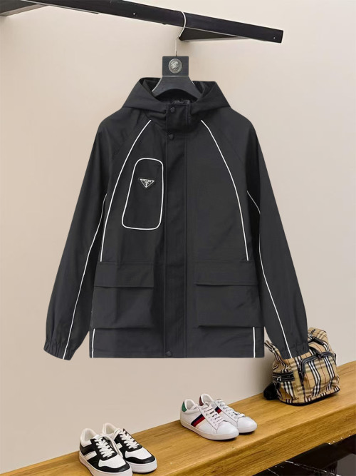 Prada 25SS Black Windbreaker Jacket with Hood, White Trim, Unisex Style 1 Prada 25SS Black Windbreaker Jacket with Hood, White Trim, Unisex Style