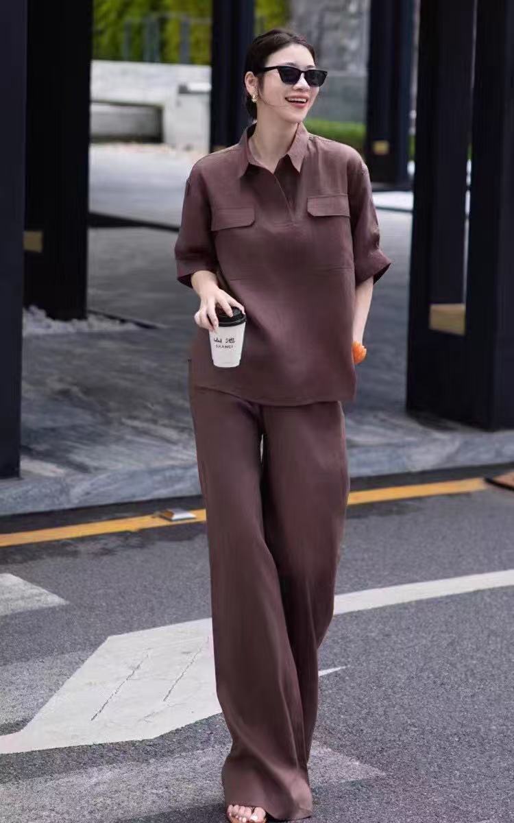 High Quality Women’s Clothes: Merad Heavy Linen Polo Shirts & Broad-Legged Pants - 图片 1