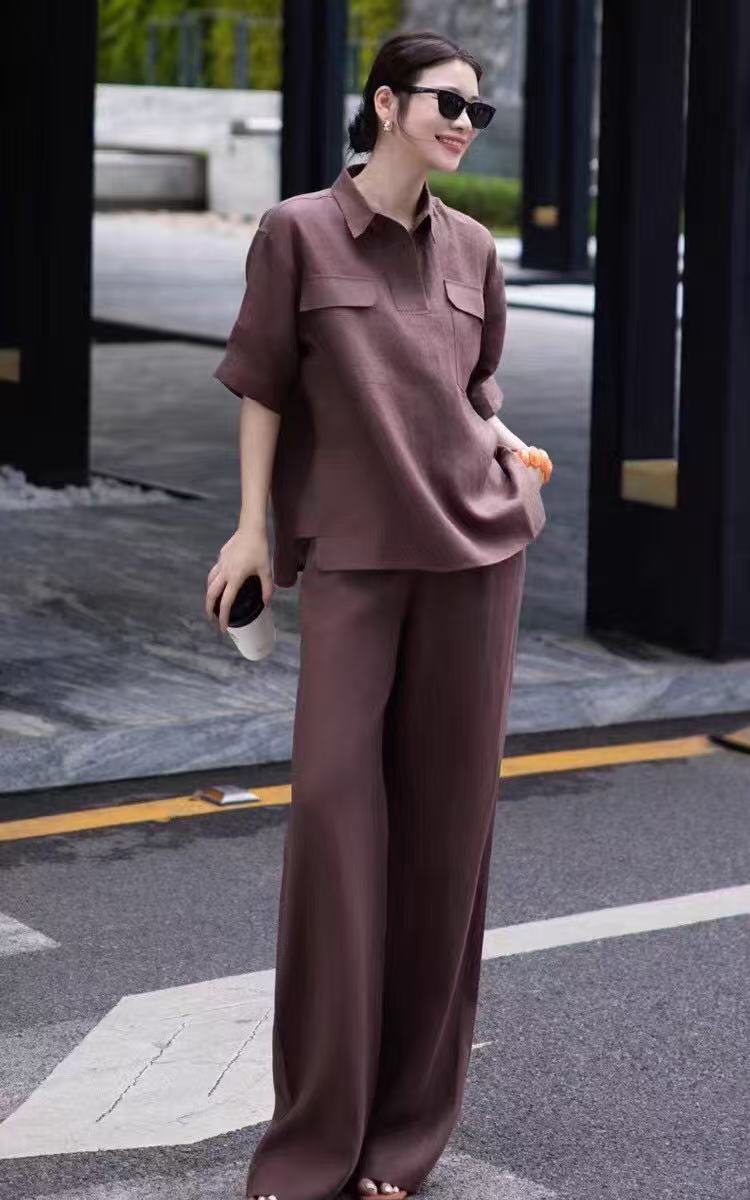 High Quality Women’s Clothes: Merad Heavy Linen Polo Shirts & Broad-Legged Pants - 图片 2