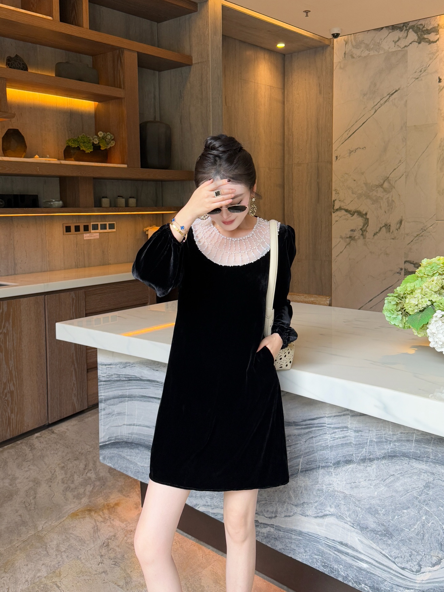 Elegant Black Velvet Dress with Beaded Collar, Long Sleeve, and Pockets