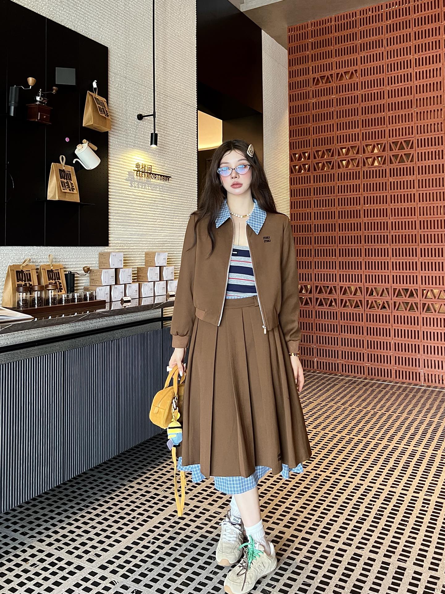 Elegant Plaid Trim Brown Skirt Suit Set, Casual Zip-Up Jacket & Pleated Skirt