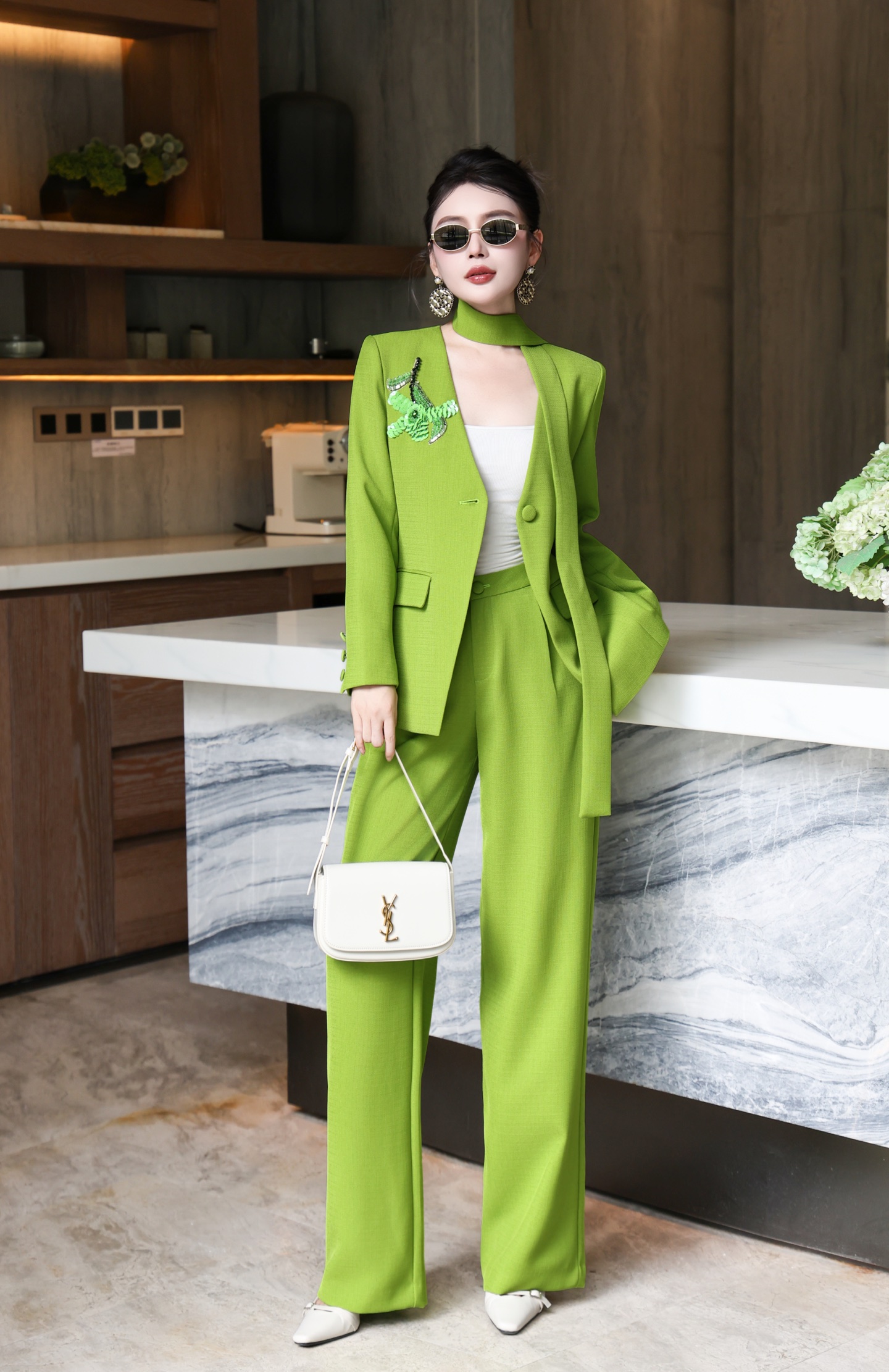 Elegant Women's Lime Green Pants Suit Set: Blazer and Wide Leg Trousers