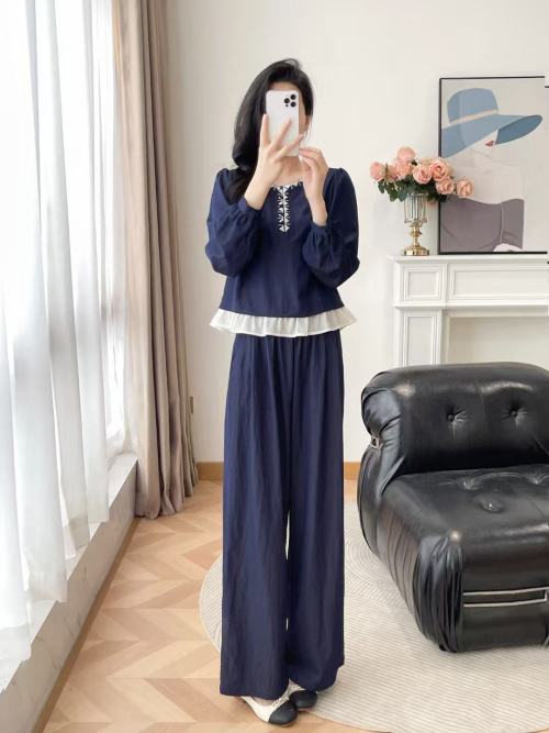 Elegant Blue Embroidered Lounge Set - Relaxed Fit Top & Wide Leg Pants 1 Elegant Blue Embroidered Lounge Set - Relaxed Fit Top & Wide Leg Pants