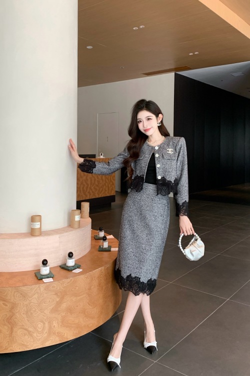 Elegant Tweed Skirt Suit with Lace Trim - French Style Outfit 1 Elegant Tweed Skirt Suit with Lace Trim - French Style Outfit