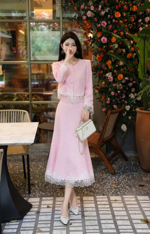 Elegant Lace Trim Tweed Skirt Set, Chic Autumn Outfit for Women, S-XL 1 Elegant Lace Trim Tweed Skirt Set, Chic Autumn Outfit for Women, S-XL