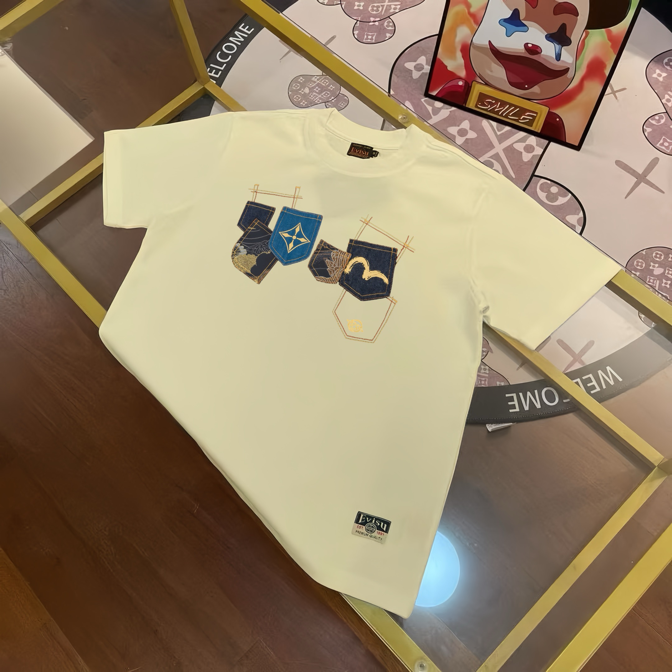 Camiseta de manga corta para hombre, tejido pesado de 300 g, EVISU Fukujin, nueva primavera 2025, estampado d…