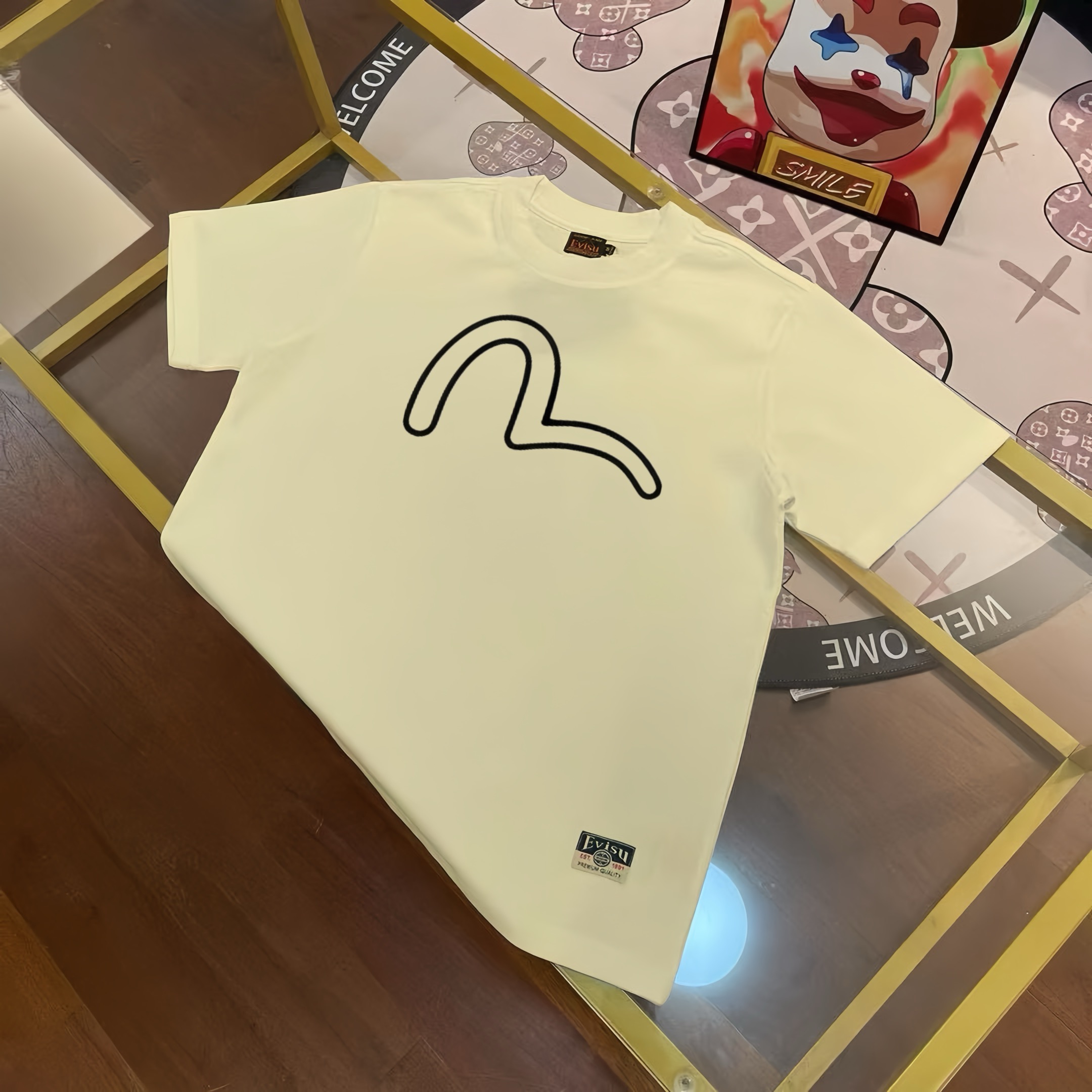 Camiseta de manga corta para hombre, tejido pesado de 300 g, EVISU Fukujin, principios de primavera 2025, estampado de …