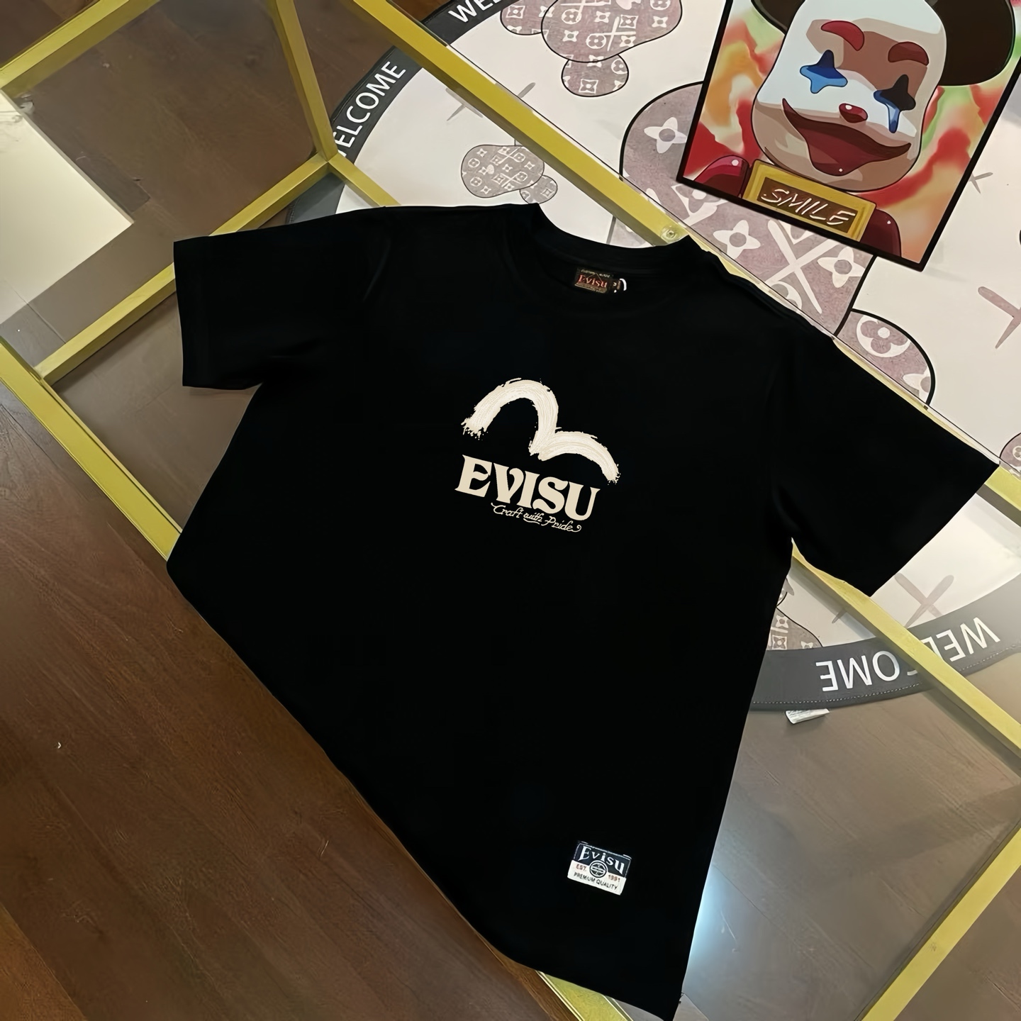 Pesado 300 gramos EVISU Fukuok 2025 primavera nueva camiseta de manga corta para hombre con estampado de bestia divina …