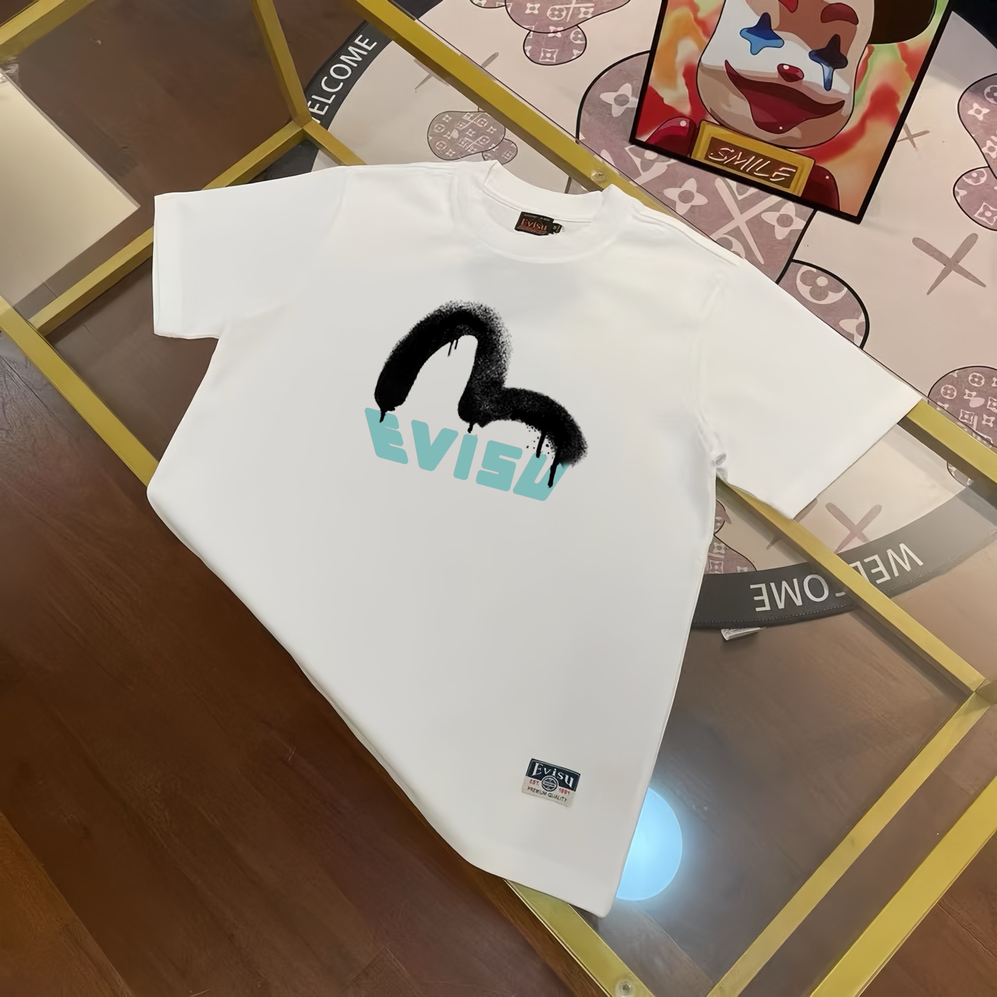 Camiseta de manga corta para hombre, tejido pesado de 300 g, EVISU Fukujin, nueva primavera 2025, estampado d…