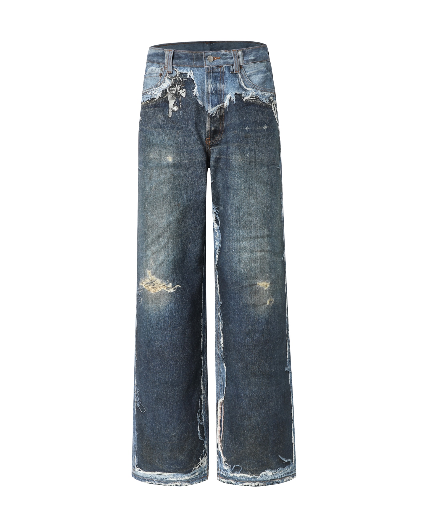 NO:860783,ACNE 26SS trompe l'oeil wide-leg jeans S-XL are made of organic heavy-weight denim, which has been pre-shrunk and is soft but not collapsed, stiff and stylish. It can support the wide-leg shape and ensure wearing comfort. The core of the trompe l'oeil process is the combination of digital printing accuracy + hand-made distressing. It requires precise control of the shadows and wear details of the printing, and then hand-polishing and dirtying, so that the printing and real destruction are integrated to achieve a fake-real effect. The process is extremely difficult.  The distressed washing uses environmentally friendly enzyme washing + manual coloring to avoid chemical residues while ensuring the softness and durability of the denim, which will not be easily deformed after long-term wear., Men's clothing, acne studios, jeans,19860909ACNE 26SS错视破坏阔腿牛仔裤 S-XL 面料采用有机重磅牛仔布,经过预缩水处理,软而不塌,挺括有型,既能撑起阔腿版型,又保证穿着舒适度. 错视工艺的核心是数码印花精度+手工做旧的结合,需要精准控制印花的阴影、磨损细节,再通过手工打磨、做脏,让印花与真实破坏融为一体,达到以假乱真的效果,工艺难度极高. 做旧水洗采用环保酵素洗+手工刷色,避免化学残留,同时保证牛仔布的柔软度和耐用性,久穿不易变形.,男装,acne studios,jeans,,Women's clothing