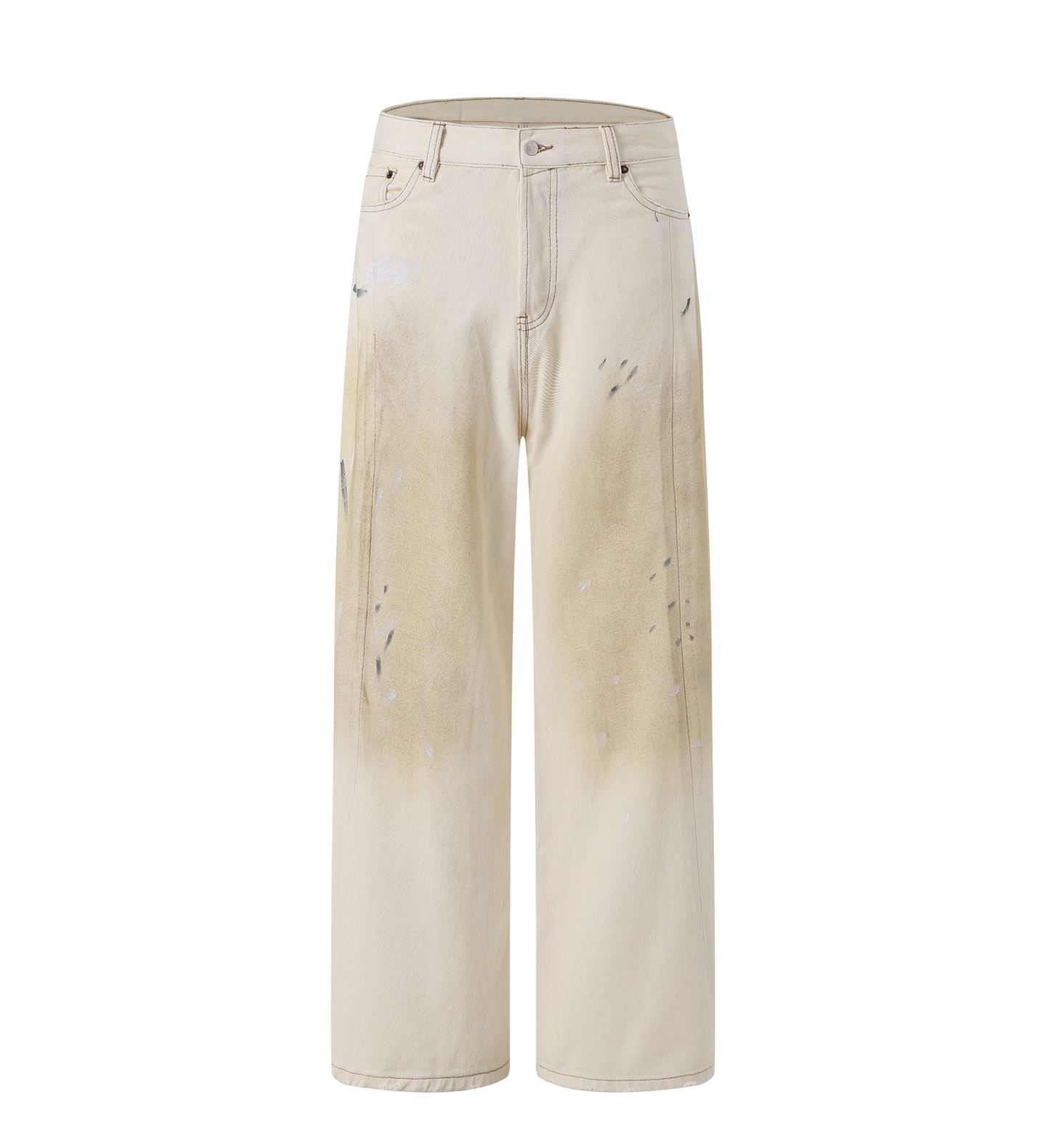 NO:860752,ACNE 26SS 2006 Off-White Ink Splash Jeans 28-32 The fabric is made of 12-13.5 ounce (oz) twill denim, using 7×7 high-latitude twill weave. It is stiff but not too heavy. It can support the wide-leg/straight silhouette, while maintaining a soft and skin-friendly wearing feel, and is not easy to collapse and deform.  Multiple washing and distressing, first basic fermentation washing + frying treatment, so that the original denim fades to a soft off-white, while showing a retro yellowing effect similar to years of wear. Hand-painted/splashed ink, manual use of brushes and spray guns to randomly apply black/white paint on the trousers to simulate the splash marks created by the artist, and the effect of each pair is unique.  Yellow mud/dirty dyeing spraying uses special color paste to simulate the adhesion effect of mud and stains. Through multiple spraying + color fixing treatments, the 'dirty feeling' transitions naturally. It is not a blunt color block, but integrated with the washing effect., Men's clothing, acne studios, jeans,19860909ACNE 26SS 2006米白泼墨牛仔裤 28-32 面料采用12-13.5盎司（oz）的斜纹牛仔布,采用7×7高纬度斜纹织法,挺括又不会过于厚重,能撑起阔腿/直筒的廓形,同时保持柔软亲肤的穿着感,不易软塌变形. 多重水洗与做旧,先经过基础酵洗+炒色处理,让原本的牛仔布褪色为柔和的米白色,同时呈现类似多年穿着的复古泛黄效果. 手工点漆/泼墨,人工用刷子、喷枪在裤身随机点涂黑/白色颜料,模拟艺术家创作的泼溅痕迹,每一条的效果都是独一无二的. 黄泥/脏染喷涂,用特殊色浆模拟泥土、污渍的附着效果,通过多次喷涂+固色处理,让“脏感”自然过渡,不是生硬的色块,而是和水洗效果融为一体.,男装,acne studios,jeans,,Women's clothing